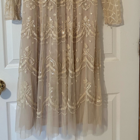 Mac Duggal Sequin Long Sleeve Mesh Midi Cocktail Dress Illusion High Neck - Picture 9 of 11